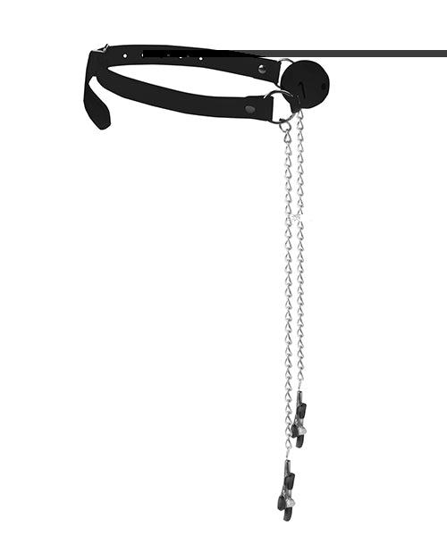 Shots Ouch Black & White Breathable Ball Gag w/Nipple Clamps - Black