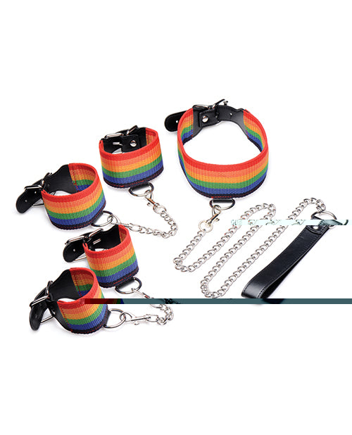 Master Series Kinky Pride Rainbow Bondage Set - Wrist & Ankle Cuffs & Collar w/Leash