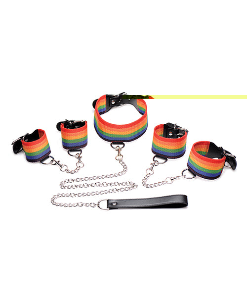 Master Series Kinky Pride Rainbow Bondage Set - Wrist & Ankle Cuffs & Collar w/Leash