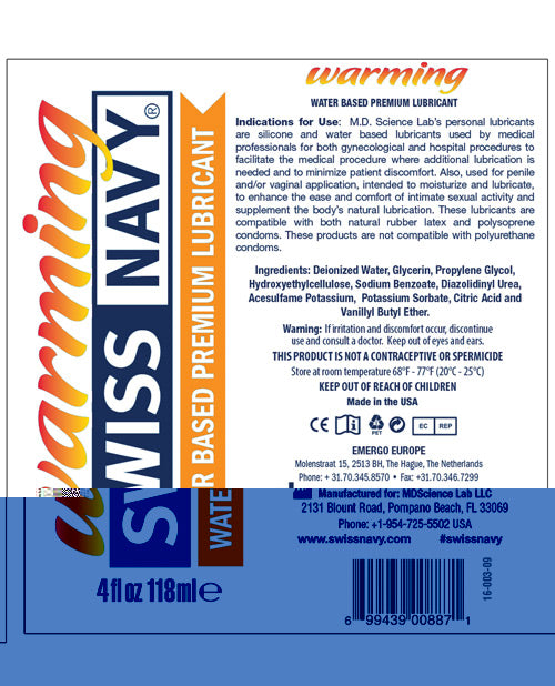 Swiss Navy Warming Water Based Lubricant - 4 oz