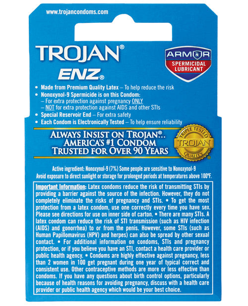 Trojan Enz Spermicidal Lubricated Condoms - Box of 3