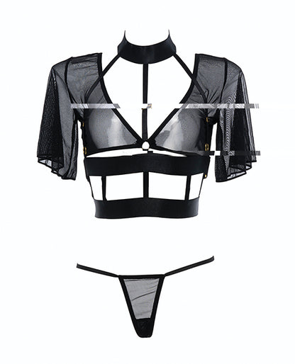 Adore Dreamer Sheer Mesh Strappy Top & Thong Black O/S