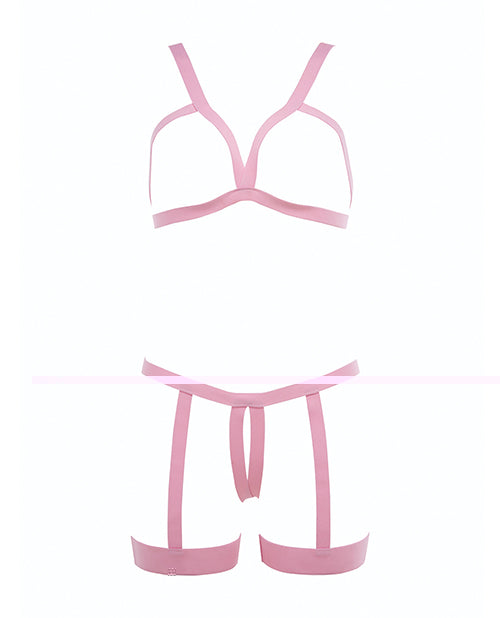 Kitten Teaser Strappy Open Cup Bra & Open Panty w/Leg Straps Pink O/S