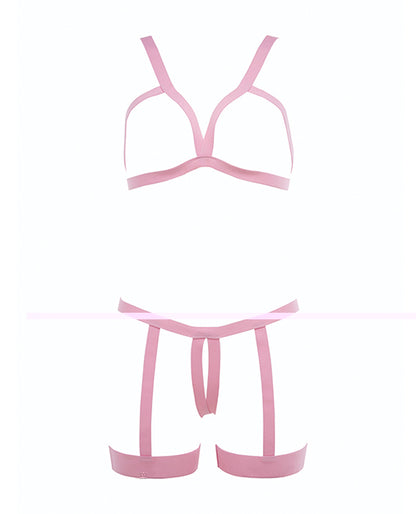 Kitten Teaser Strappy Open Cup Bra & Open Panty w/Leg Straps Pink O/S