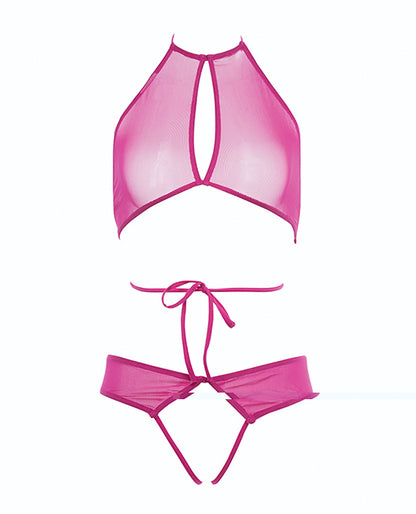 Allure Marley Mesh Peek A Boo Top & Open Panty Hot Pink S/M