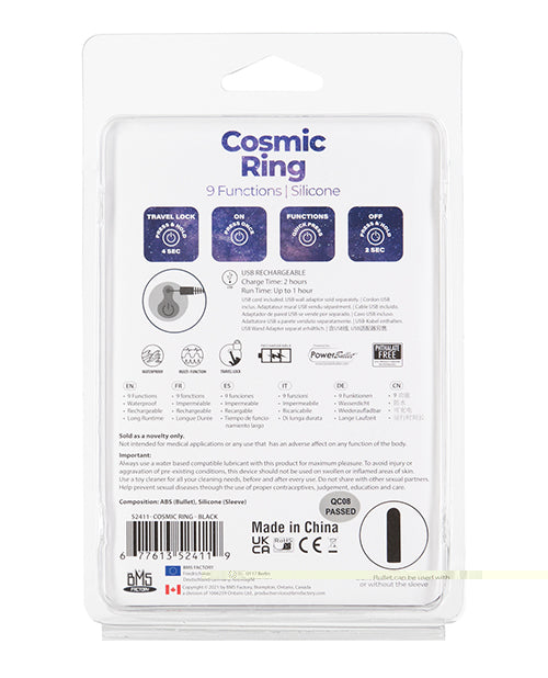 Cosmic Cock Ring w/Rechargeable Bullet - 9 Functions Black