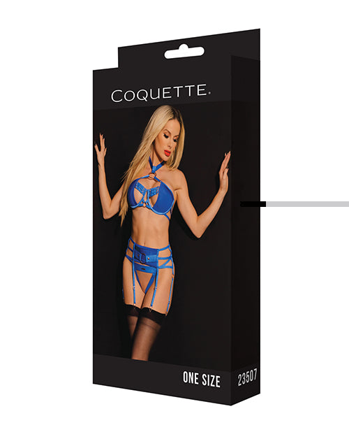 Black Label Underwire Bra w/Choker, Garterbelt & G-String Blue O/S