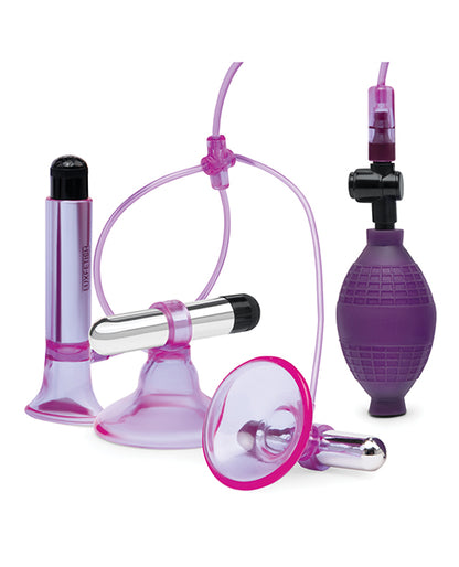 Lux Fetish Vibrating Nipple Suckers w/Clitoral Pump & Quick Release - Pink/Purple