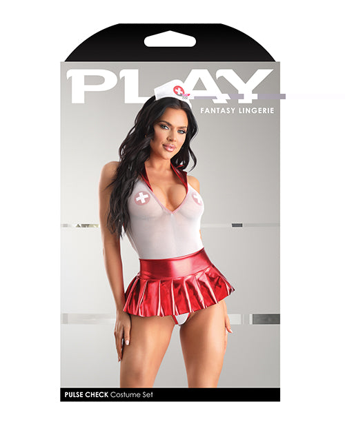 Play Pulse Check Collared Teddy w/Open Back, Pleated Skirt, Medic Hat & Pasties Red/White L/XL