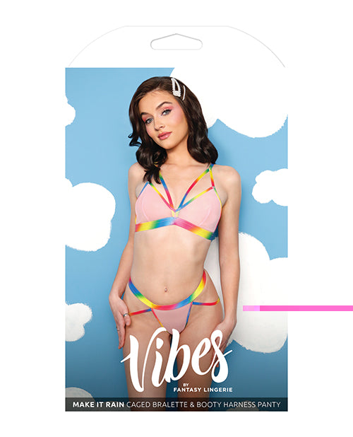 Vibes Make it Rain Caged Bralette & Panty w/Booty Rainbow M/L