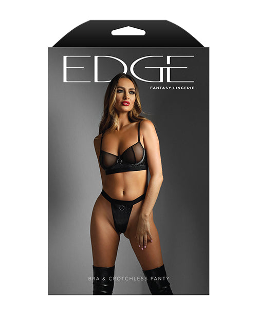 Edge Quilted Wetlook and Mesh Underwire Bra w/ Crotchless Panty - Black M/L