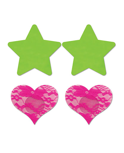 Fantasy UV Reactive Neon Star & Lace Heart Pasties - Green & Pink O/S Pack of 2