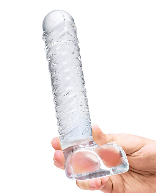 Glas 8" Realistic Ribbed Glass G-Spot Dildo w/Balls - Clear