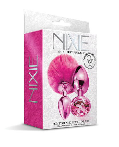 Nixie Metal Butt Plug Set w/Jewel Inlaid & Pom Pom - Pink Metallic