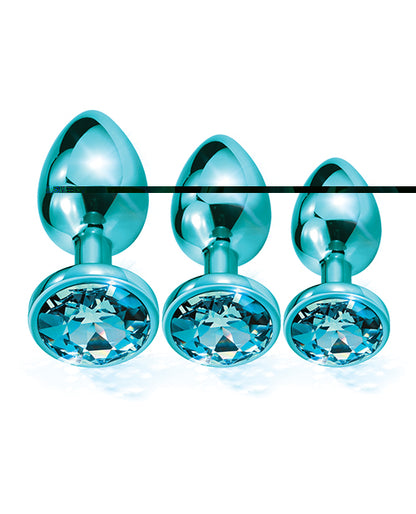 Nixie Metal Butt Plug Trainer Set w/Inlaid Jewel - Blue Metallic