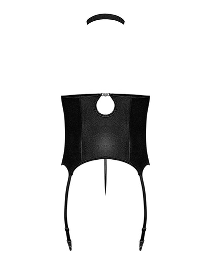 Lust Mistress Cupless Corset w/Velcro Choker Collar, Metal Garters & G-String Black L/XL