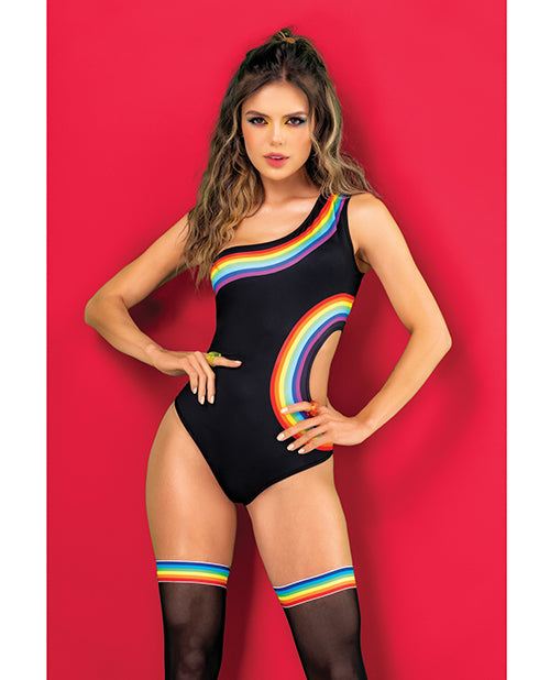 Pride One Shoulder Side Cut Out Bodysuit Black Prints L/XL