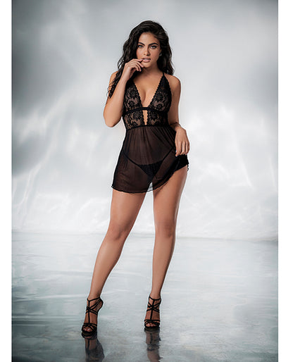 Lace & Mesh Babydoll & G-String Black S/M