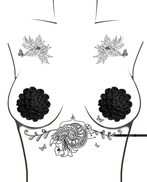 Neva Nude Burlesque Nightfall Roses Reusable Silicone Pasties - Black O/S