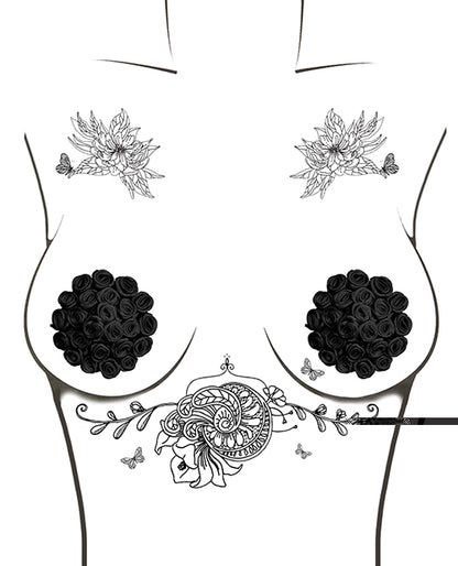 Neva Nude Burlesque Nightfall Roses Reusable Silicone Pasties - Black O/S