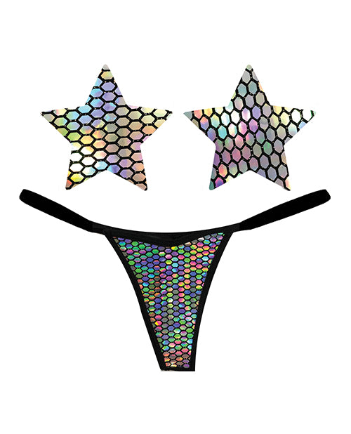 Neva Nude Naughty Knix Mirrored Mayhem Holographic G-String & Pasties - Black O/S