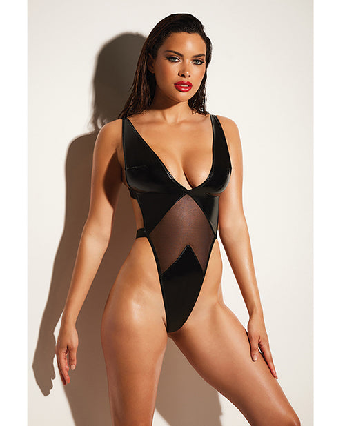 FETISH Limitless Soft Cup High Leg Vinyl & Mesh Teddy Black L/XL