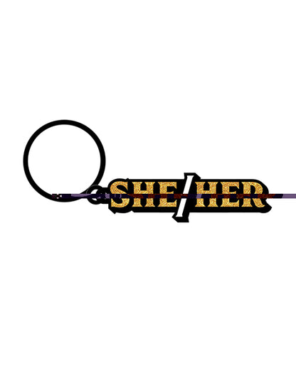 Wood Rocket She/Her Keychain - Black/Gold