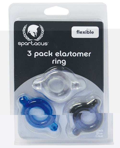 Spartacus Elastomer Cock Ring Set - Black, Blue & Clear Pack of 3