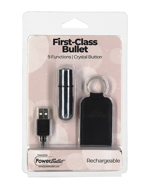 First Class Mini Rechargeable Bullet w/Crystal - 9 Functions Silver