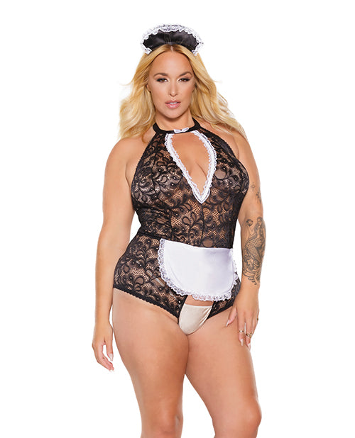 Scallop Stretch Lace Crotchless Maid Teddy w/Headpiece Black/White OS/XL