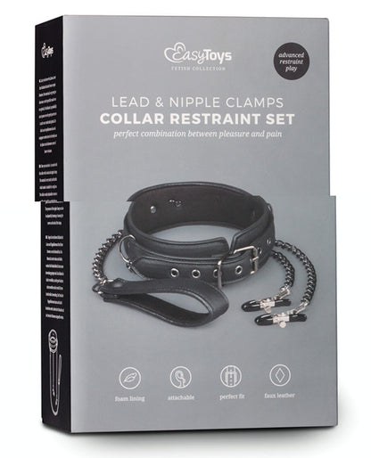 Easy Toys Faux Leather Collar w/Nipple Chains - Black