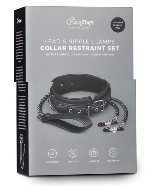 Easy Toys Faux Leather Collar w/Nipple Chains - Black