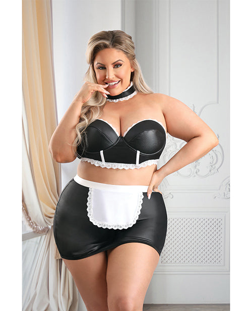 Play 5-Star Service Wetlook Bustier, Open Back Skirt, G-String & Choker Black/White 1X/2X