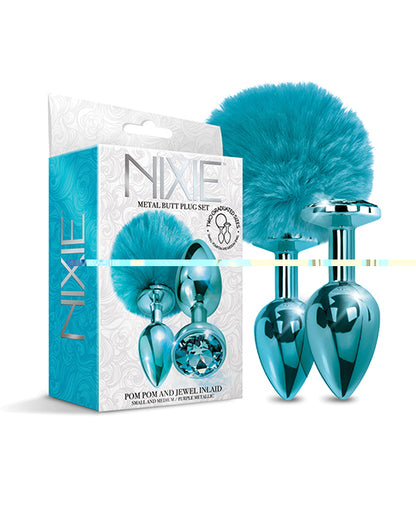 Nixie Metal Butt Plug Set w/Jewel Inlaid & Pom Pom - Blue Metallic