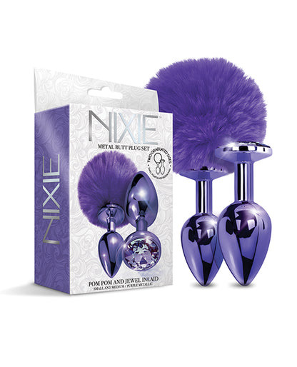 Nixie Metal Butt Plug Set w/Jewel Inlaid & Pom Pom - Purple Metallic