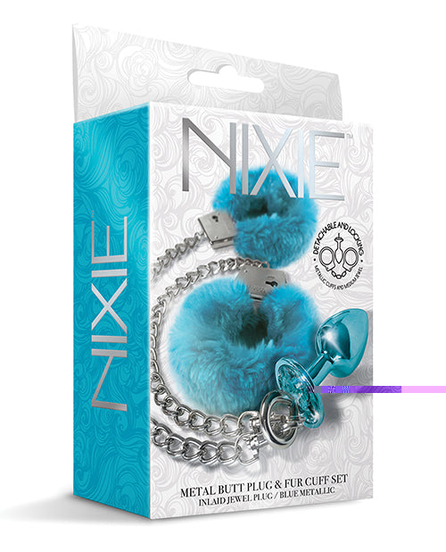 Nixie Metal Butt Plug w/Inlaid Jewel & Fur Cuff Set - Blue Metallic