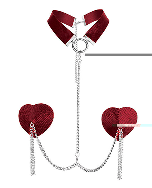 Nipplicious Dominatrix Leather Collar & Pasties w/Chain - Red