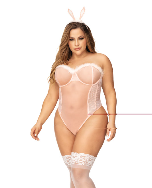 Sexy Bunny Underwire Bodysuit w/Lace Up Back & Head Piece Pink 1X/2X