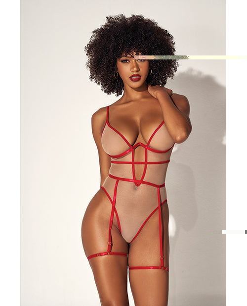 Underwire Bodysuit w/Cut Out Heart Back  Nude/Red L/XL