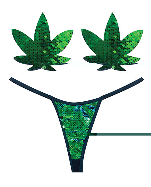 Neva Nude Naughty Knix Weed Leaf Sequin G-String & Pasties - Green  O/S
