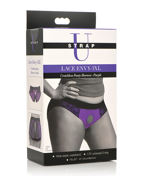 Strap U Lace Envy Crotchless Panty Harness - 3XL Purple